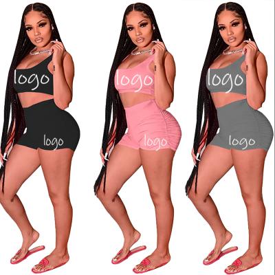 China Anti-wrinkle woman clothing solid color women clothing for logo 2 pieces set women logo two piece pants set summer for sale