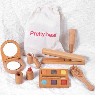 China Pretend Play Wooden Children's Hairdresser Preschool Makeup Girl To Pretend Dress Up Bag Play Set Toy for sale