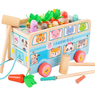 China Wooden Multifunctional Farm Carrot Bus Car Children Kids Baby Educational Knocking Hamster Car Play Toys For Toddlers for sale