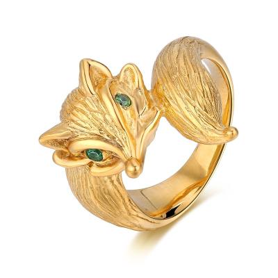 China Trendy Fashion Gold Fox Green Zircon Eyes 925 Sterling Silver 18k Gold Plated Ring for sale