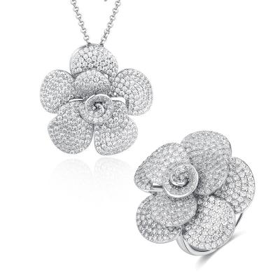 China Customization Trendy Fashion 925 Sterling Silver Camellia Flower Jewelry Sets Rings and Necklaces 18K Gold Plating for sale