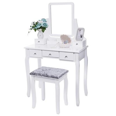 China Solid Wood Vanity Table Set With Mirror And Cushioned White Stool Vanity Table 5 Makeup Table 2 Drawers Dividers Movable Organizers Decor for sale