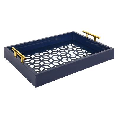 China Art Wood Ottoman Rectangle Decorative Serving Tray 12.25x16.5 Navy Blue Tray With Modern Gold Metal Handles for sale