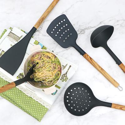 China Traditional Wood Handle Nylon Utensils for Cookware Non-Stick Cookware Set of 5 for sale