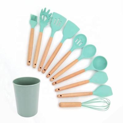 China Sustainable Silicone Cooking Tools Eco-friendly Wooden Utensils 12Pcs Silicone Kitchen Accessories Utensils Set for sale