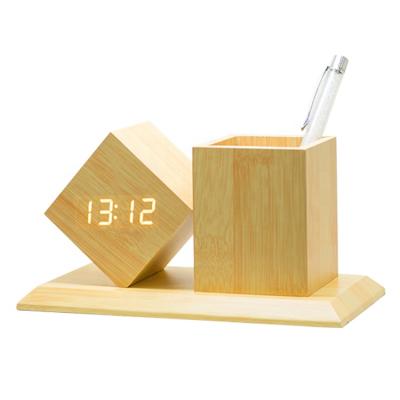 China Antique Wood Pen Stand Desktop Student Desk Style Digital Alarm Clock with Date Temperature Display for sale