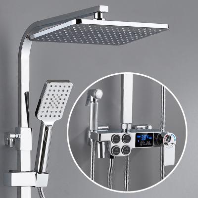 China With Slide Bar Shower System Cold Hot LED Digital Bathroom Shower Set Wall Mount Smart Thermostatic Bath Faucet SPA Square Head Rain Shower for sale