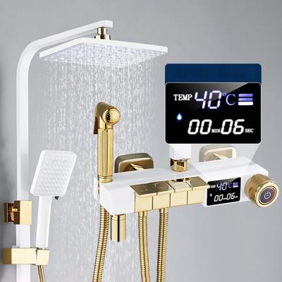 China With White Gold Brass Piano Shower Head Rain Faucet Slide Bar Thermostatic Digital Shower System Quality Bathroom Shower Panel Set for sale