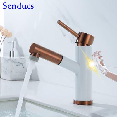 China Sense Faucets Touch Bathroom Faucets 304 Stainless Steel Hot Cold Pull Out Basin Sink Mixer Tap Rose Gold Touch Basin Faucets White for sale