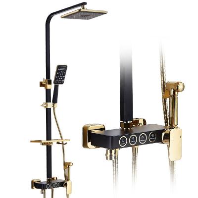 China With Slide Bar Hot Cold Bathroom Shower Set Bathroom Mixer Taps Rainfall Shower Head Black Gold Shower System Quality Brass Single Handle for sale