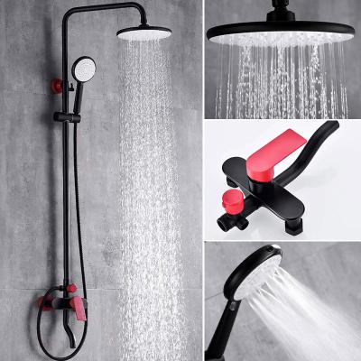 China With Sliding Bar Red Shower Set With 8 Inch Round Rainfall Shower Head Hot And Cold Black Red Shower Set For Bathroom for sale