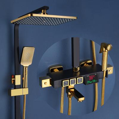 China With Slide Bar Black Gold Shower Set Constant Temperature Digital Display Copper Shower Faucet for sale