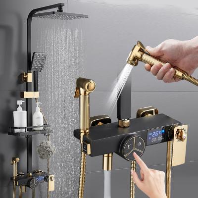 China 2021 new arrivals design black gold shower slide bar set for bathroom digital display shower faucet four speed shower for sale