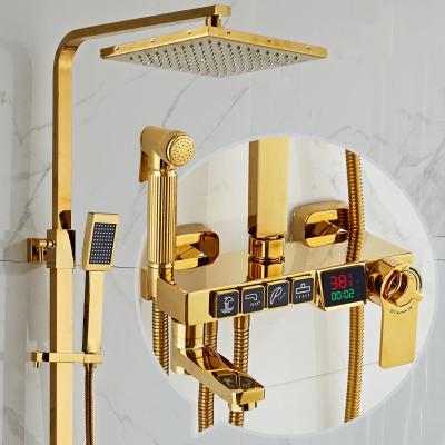 China With Slide Bar Gold Digital Shower Set Hot Cold Brass Luxury Gold Brass Rainfall Shower Head Thermostatic Mixer Tap Bathroom Shower System Set for sale