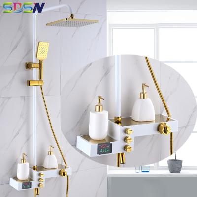 China Thermostatic Slide Bar Bath Shower System Set With Large Storage Faucet Deck Luxury Rose Gold Bathroom Mixer Tap Digital Shower Set for sale