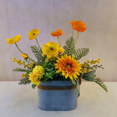 China Home Decoration Silk Forsythia Bunch With Galvanized Pot Arrangement for sale