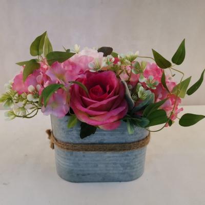 China Home Decoration Silk Rose Hydrangea With Galvanized Pot Arrangement for sale