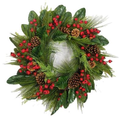 China Red Berry Pine Cone Front Door Wreath Factory Supply Sale Christmas Christamas Magnolia Whole Leaf Wreath for sale