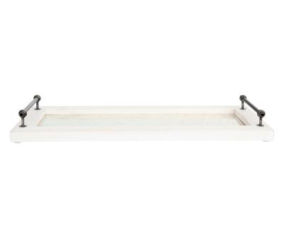 China Home Decorative White Wood Handmade Carved Rectangular Serving Tray With Metal Handles for sale