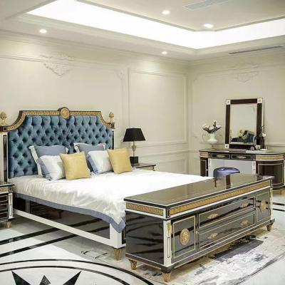 China EUROPEAN high end solid wood bed black walnut durian leather black shiny pure brass hardware queen size double bed bedroom furniture for sale