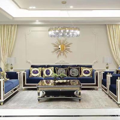 China Living room furniture royal style wooden frame luxury high end luxury classic design bule sofa carved sofa for sale