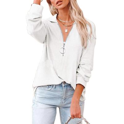 China Autumn New Women Loose And Comfortable Lapel Solid Color Casual Hoodie Zipper Long Sleeve Top T-Shirt for sale