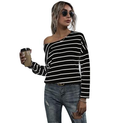 China QUICK DRY Korean Style Loose Sleeve Crewneck Cotton Based Shirt Soft Striped T-Shirt Long For Women for sale