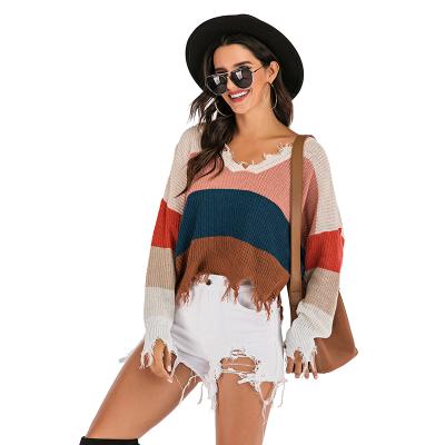 China Keep Warm 2021 V-neck Striped Inner Falls Fashion Low Knit Sweater Women Europe And America Sweater for sale