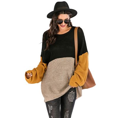 China Keep the 2021 contrast border hot sale sweater autumn loose long sleeve knitted mid length women's sweater for sale