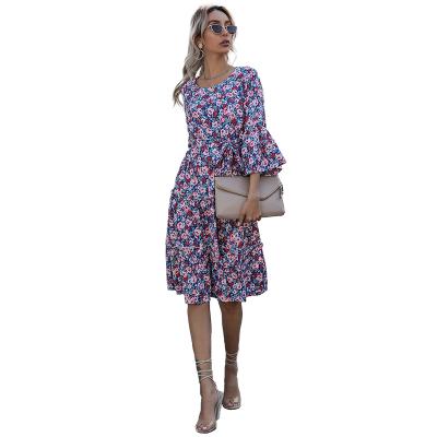 China European and American autumn 2021 comfortable round neck dress floral long-sleeved pleated women for sale