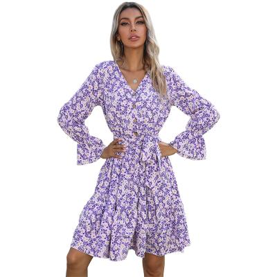 China European and American long-sleeved chiffon v-neck flower button casual autumn 2021/sexy pleated dress women for sale