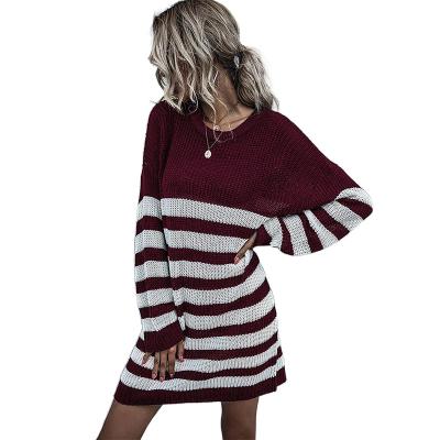 China And American autumn casual 2021/sexy European female long-sleeved striped round neck knitted sweater dress long for sale