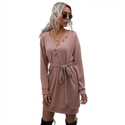 China 2021 Autumn Solid Color Black Casual/Sexy V-neck Long Sleeve Slim Button Knit Sweater Dress for sale