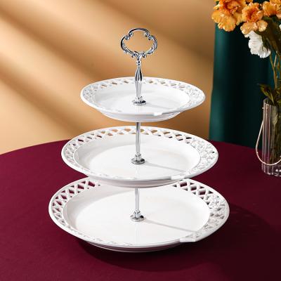 China European Luxury Cavity Design Dish Cake Dessert Decoration Stocked 3 Tier Ceramic Turntable Stand for sale