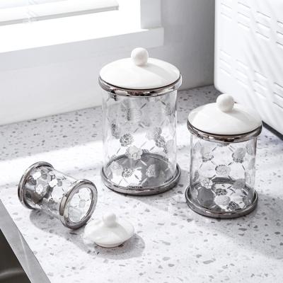 China Hot Sales Steamable Amazon European 3pcs Storage Canisters Set Silver Rim Design Storage Glass Jar With Lid for sale