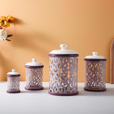 China Hot Selling Unique Glass Steamable Decal Elegant Purple Storage Jar Canisters Sets For Kitchen Storage for sale