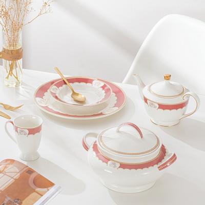 China Royal Coffee Cup Stocked Porcelain Dinner Sets Round Casserole Soup Serving Dish Floral Decal Luxury Gold Rim Dinnerware Sets for sale