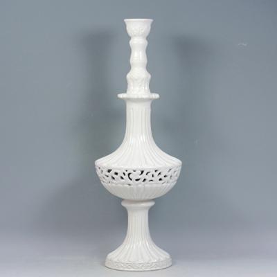 China Home decoration KF150310 embossed porcelain elegance white design ceramic candle holder for home decorrtion for sale