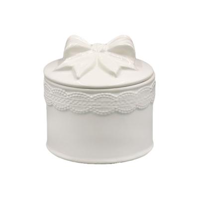 China High Quality Viable Decorative White Box Round Shape Bowknot Ceramic Ornament Box For Candy for sale