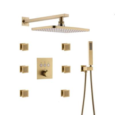 China Gold Bathroom Shower Head Brushed Thermostatic Brass Shower Head Body Jets Set Bath Shower System for sale