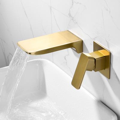 China Wall Mounted Brushed Single Sense Faucets Gold Handle Bathroom Basin Mixer Tap for sale