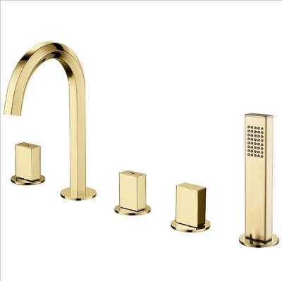 China Without Deck Mounted Bathroom 5 Holes Slide Bar Bathtub Faucet Gold With Hand Shower for sale