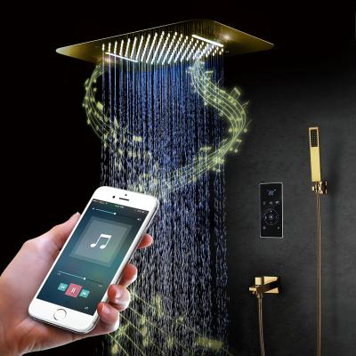 China Without Slide Bar Gold Bathroom LED Luxury Colorful Shower Heads Phone Control Smart Music Rainfall Shower Faucet System for sale