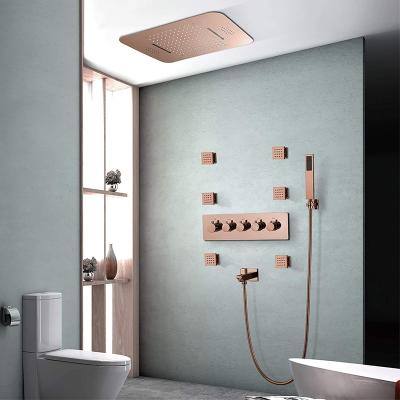 China Without Colors LED Rose Gold Shower Combo System 64 Bathroom Shower Faucet Set Thermostatic Slide Bar Music Rain Shower Set for sale