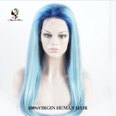 China Light Blue/Dark Blue Color Silky Straight Wave Stock Two Tone Looking 100% Human Hair Full Lace Wig Brazilian Ombre Color Wig for sale