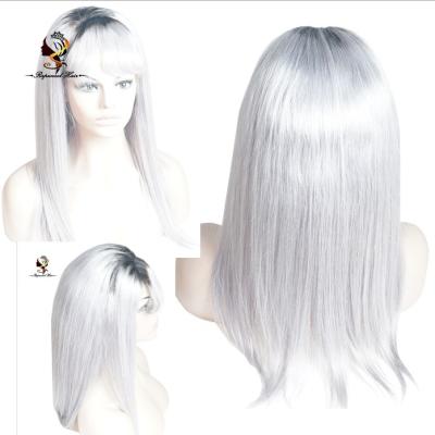 China Silky Straight Tone 1B Gray Looking 100%brazilian Overnight Hair Delivery Two Wave Full Lace Wigs With Bangs for sale