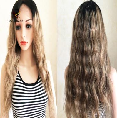 China Body Wave Dark Root #1B with highlight4 27 body wave full lace wig with pu around and natural human hairline layer bangs for sale