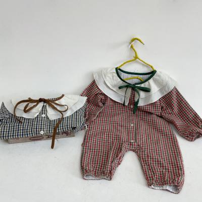 China Longsleeve Baby Clothes Checked Doll Collar Cotton Overalls Sleeve Lace Fall Romper Baby Long for sale