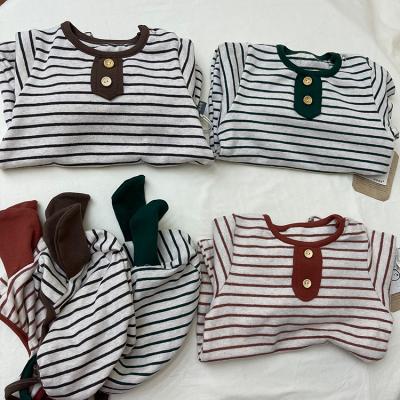 China Long Sleeve Infant Girls Boys Outfits And Hat Set Stripe Winter Knitted Rompers Newborn Baby Clothes for sale