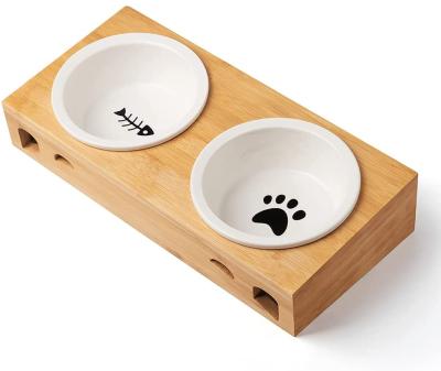 China 2021 Hot Selling Viable LOW MOQ Dog Bowl Bamboo Raised Rack 2 Ceramic Pet Bowl Dog and Cat High Pet Feeder for sale